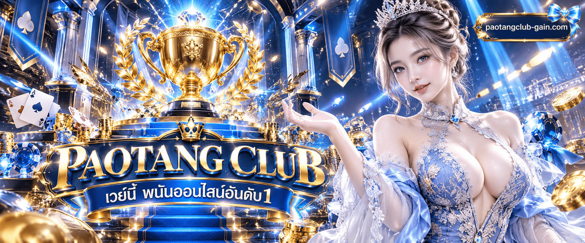 ภาพถ้วยรางวัลชนะเลิศสีทองตั้งตระหง่านอยู่บนแท่นพิธีท่ามกลางแสงเลเซอร์สีน้ำเงินและโลโก้แบรนด์ PAOTANG CLUB พนันออนไลน์อันดับหนึ่ง ระดับสากล